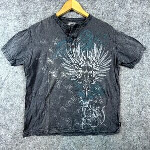 Modern Culture Henley T-Shirt Mens Small Gray Cotton Winged Print Y2K Grunge